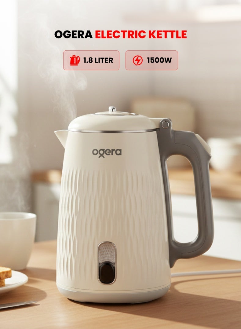 أوجيرا غلاية كهربائية | مقاومة للحرارة وآمنة | سعة 1.8 لتر | 1500 واط تسخين سريع | Ogera OG1513EK | تصميم أنيق فضي-أسود - Image 1